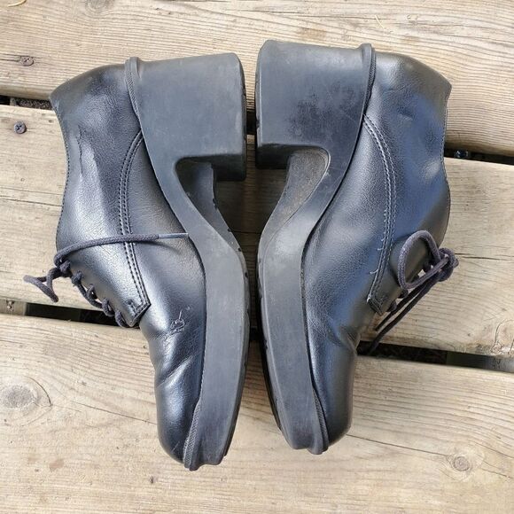 Vintage 90s y2k Bratz Square Toe Chunky Heel Black Faux Vegan Leather Oxfords - Picture 3 of 6